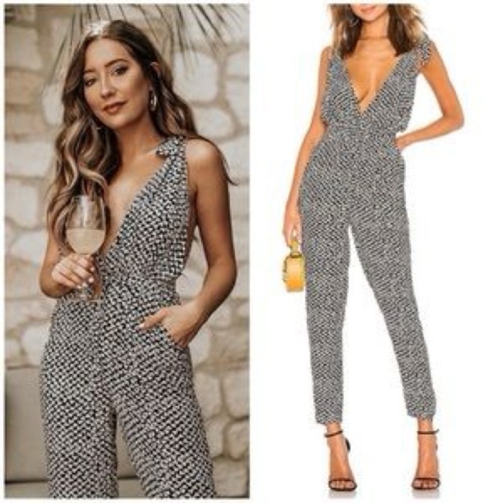 Revolve Lpa Black Floral Plunge Shoulder Tie Jumpsuit